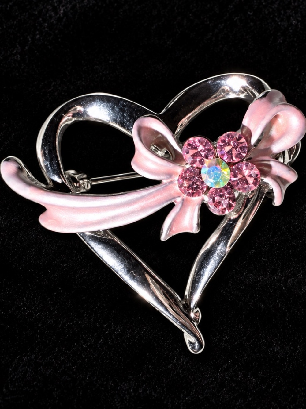 Pink Ribbon Heart Floral Crystal Brooch